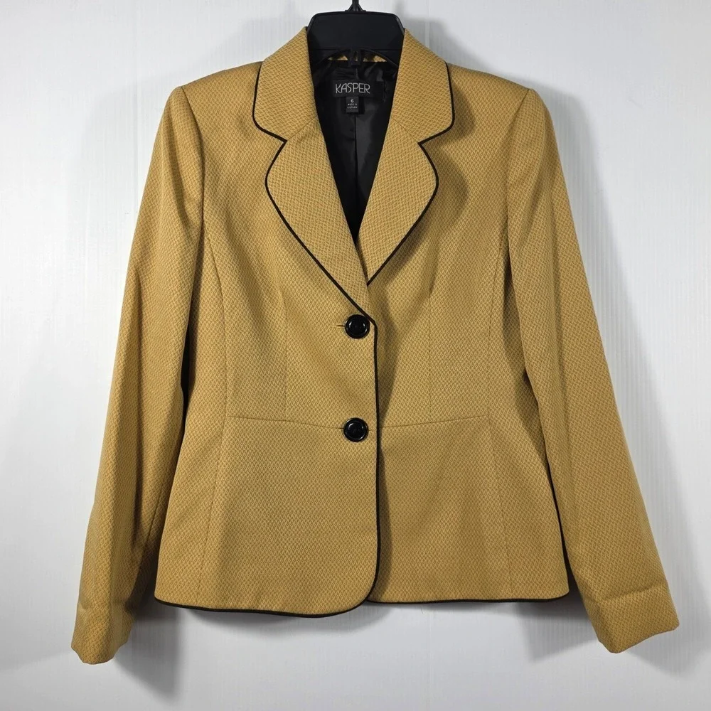 Kasper Womens Mustard Yellow Textured Blazer Black Piping Size 6 Professional